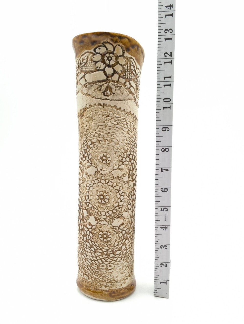 Twiddy Pottery by Colleen Diess - Handcrafted Lace Impressed Ceramic Slab Vase - Picture 4 of 13